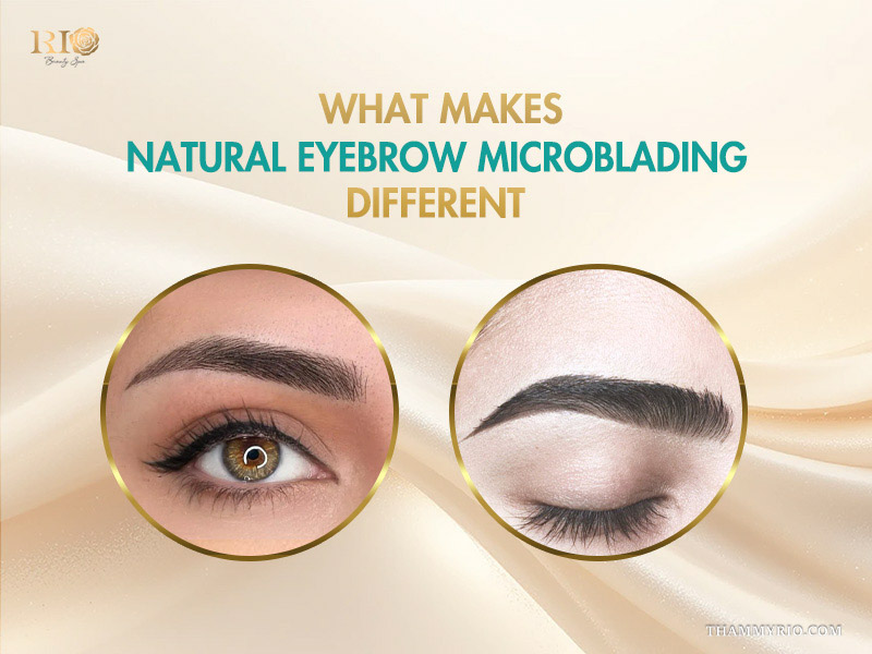 Detailed close-up of fine strokes microblading showing the difference in natural eyebrow texture at Rio Beauty Spa.