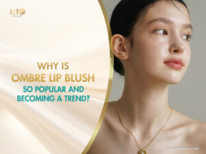 Professional ombre lip blush results on a woman with natural glowing skin.