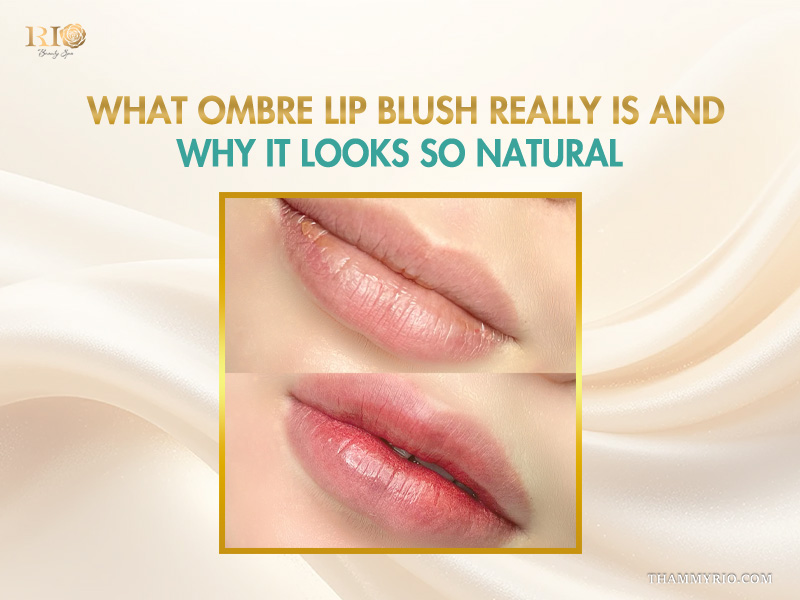 Before and after comparison of ombre lip blush showing natural color enhancement.