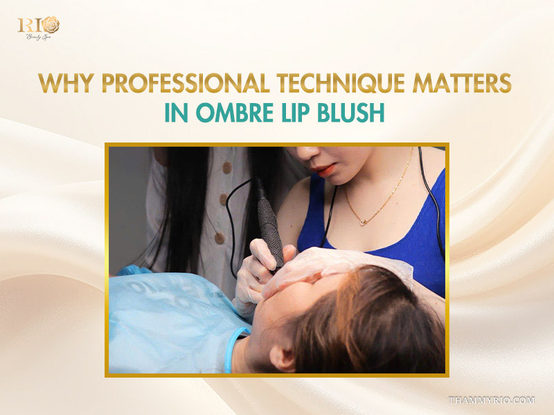Professional technician performing ombre lip blush procedure with specialized equipment.
