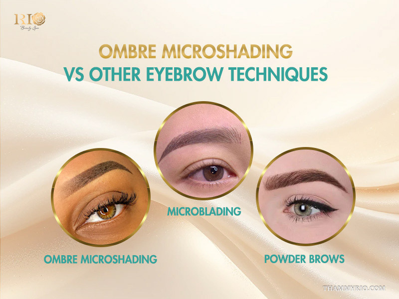 Comparison of ombre microshading vs microblading and powder brows techniques for professional eyebrow enhancement.