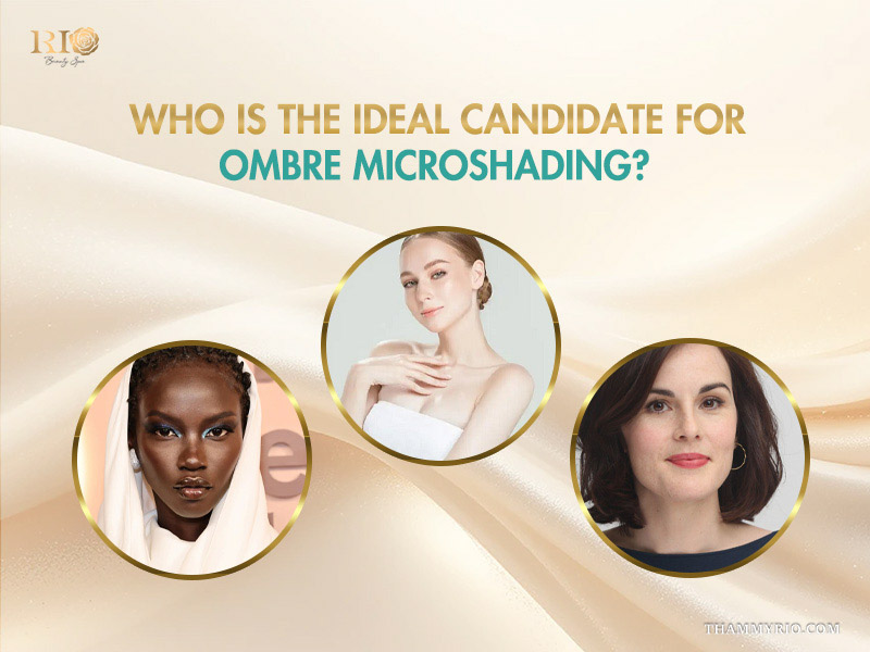 Three women of different ethnicities showcasing Ombre Microshading results on a beige silk background.