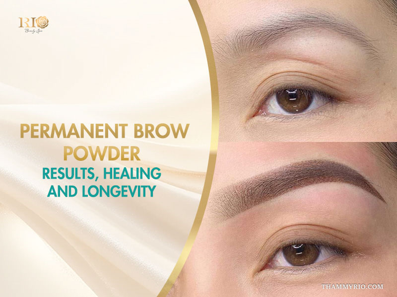Before and after comparison of permanent brow powder treatment showing sparse natural brows vs. defined ombre powder brows.
