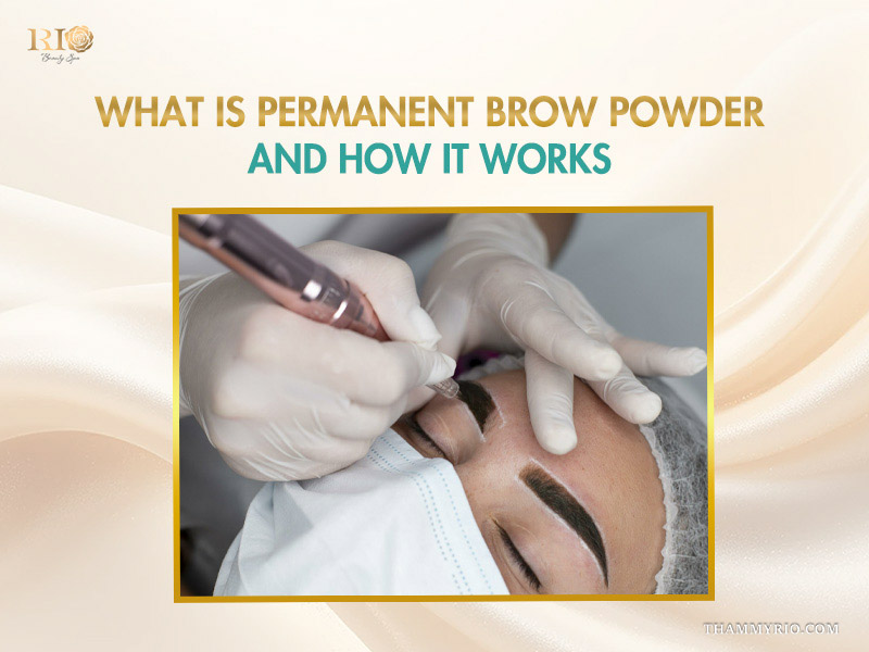 A professional technician performing a permanent brow powder procedure using a specialized tattooing device on a client.