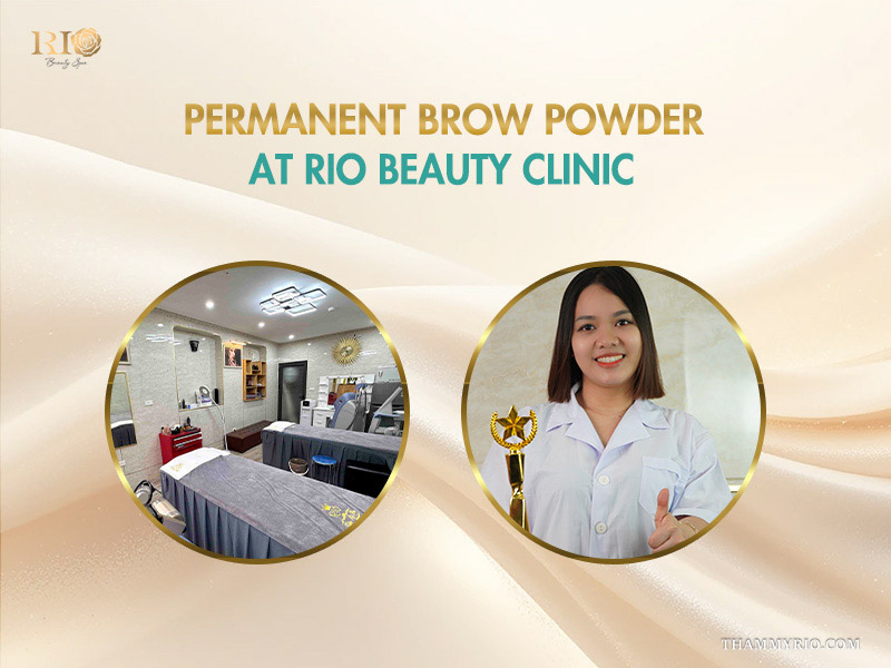 Interior view of Rio Beauty Clinic treatment room and a professional technician holding an award for permanent brow powder excellence.