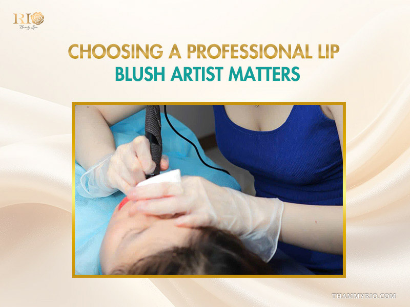 Professional artist performing a permanent cosmetics lips treatment with high precision at Rio Beauty Spa.