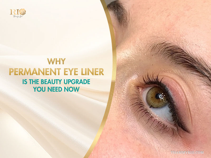 Close-up of a woman with professional permanent eye liner and defined lashes.