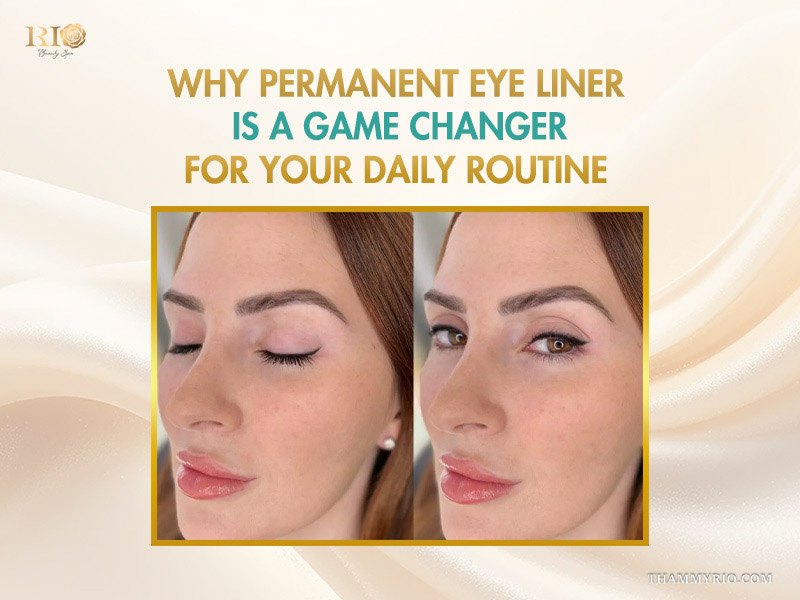 Before and after comparison of a woman with permanent eye liner showing eyes closed and open.