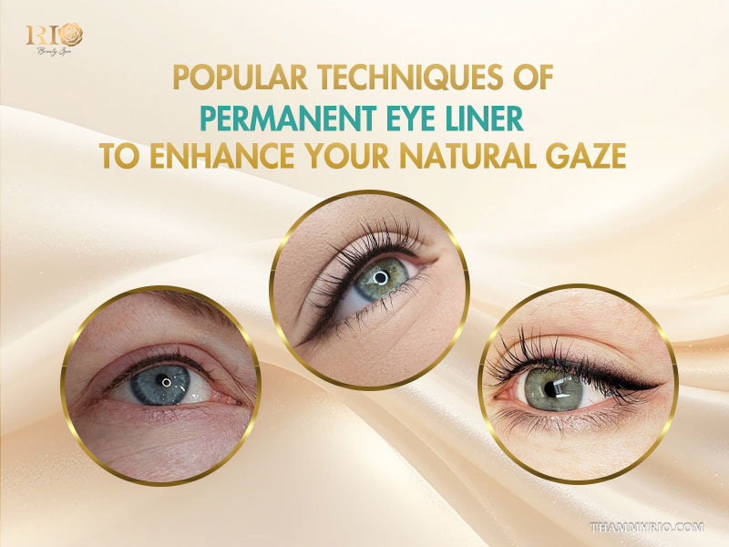 Three close-up examples of different permanent eye liner techniques including classic and winged styles.