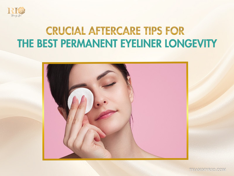 A woman gently cleaning her eyes with a cotton pad for permanent eye liner aftercare.