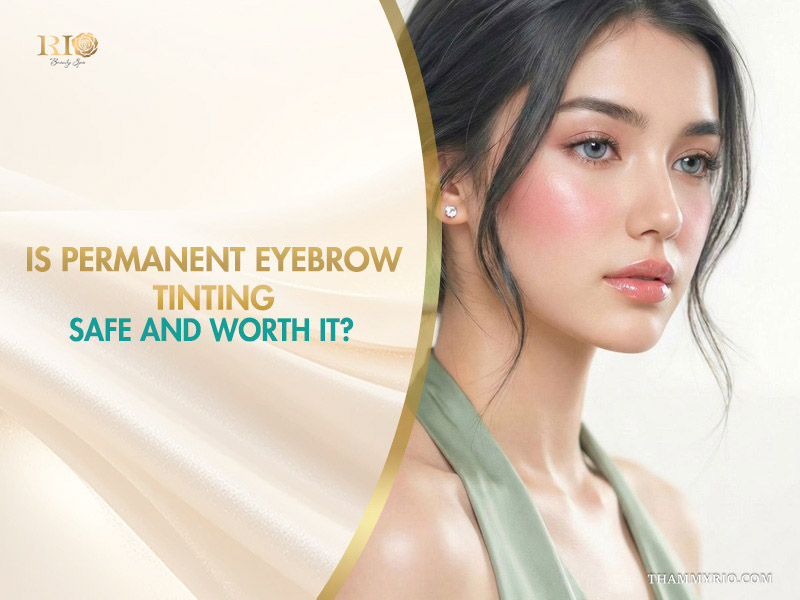 Model with perfectly shaped eyebrows after permanent eyebrow tinting service.