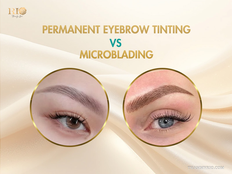 Comparison between permanent eyebrow tinting and microblading techniques for eyebrow enhancement.