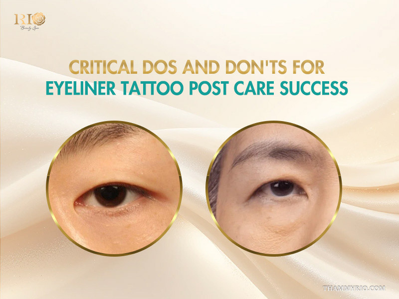 Close-up comparison of eyes showing the healing stages and results of permanent eyeliner care.