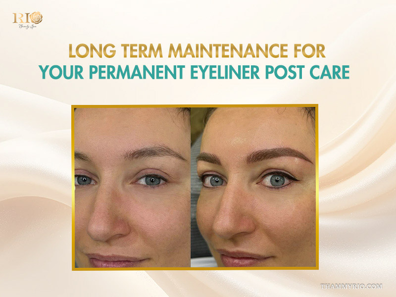 Before and after comparison of a woman's eyes showing long term maintenance for permanent eyeliner care.
