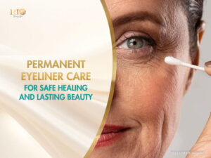 Mature woman using a cotton swab for permanent eyeliner care to ensure safe healing.