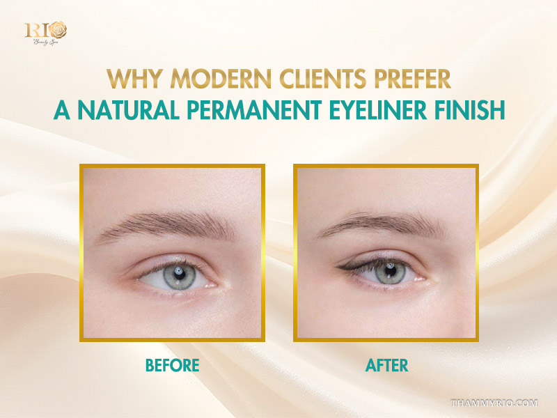Before and after comparison of permanent eyeliner natural finish for modern clients
