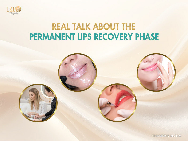Four steps of the permanent lips recovery phase including consultation, procedure, and healing.