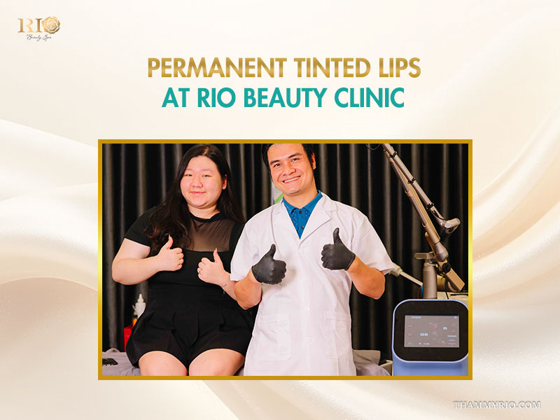 Satisfied customer and expert at Rio Beauty Clinic after permanent tinted lips service.