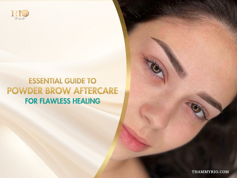 A woman with perfectly healed results from powder brow aftercare.