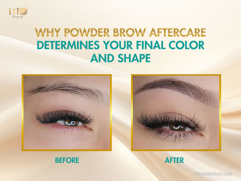 Before and after comparison showing the importance of powder brow aftercare for final color and shape.