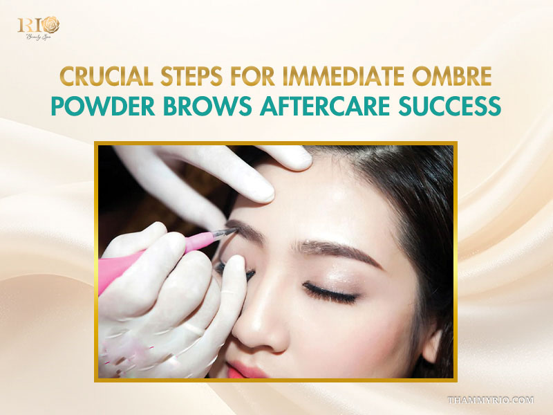 A technician performing the final steps of a powder brow procedure to begin the aftercare process.