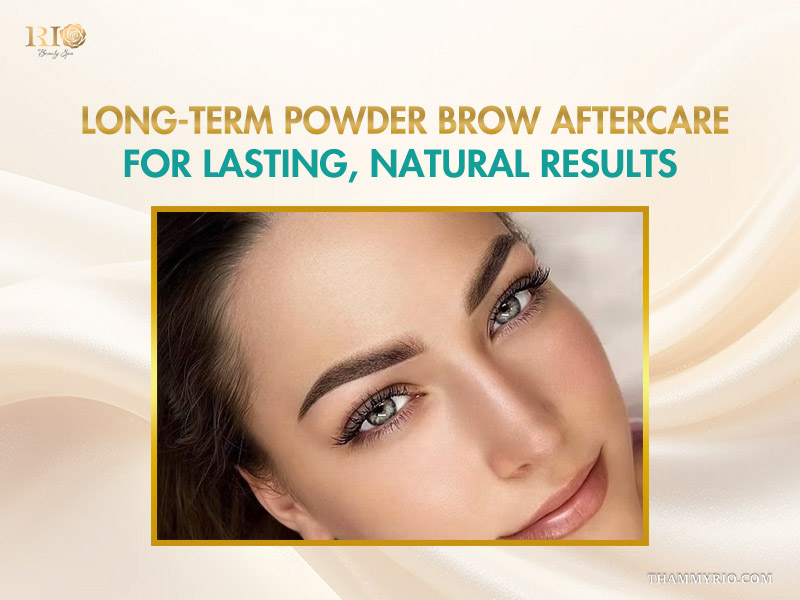 A model with beautiful, long-term powder brow results showcasing natural shading.