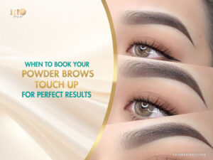 A detailed close-up of perfectly healed ombré powder brows after a professional powder brows touch up procedure.