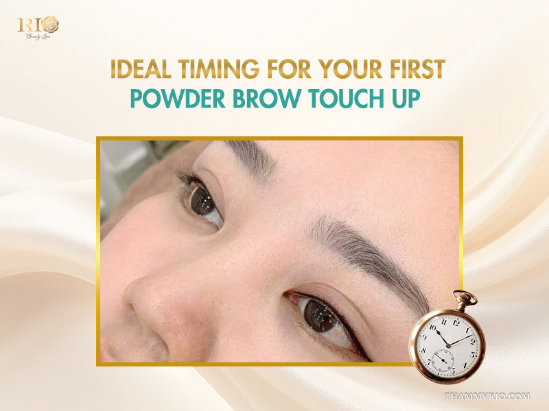 A close-up of a client's eyebrows with a pocket watch icon indicating the ideal timing for a powder brows touch up.