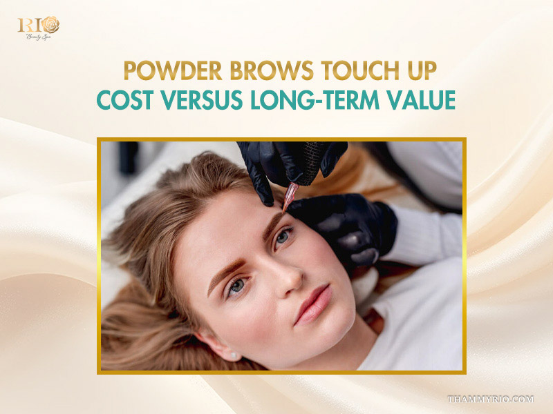 A technician performing a powder brows touch up on a client to ensure long-term aesthetic value.