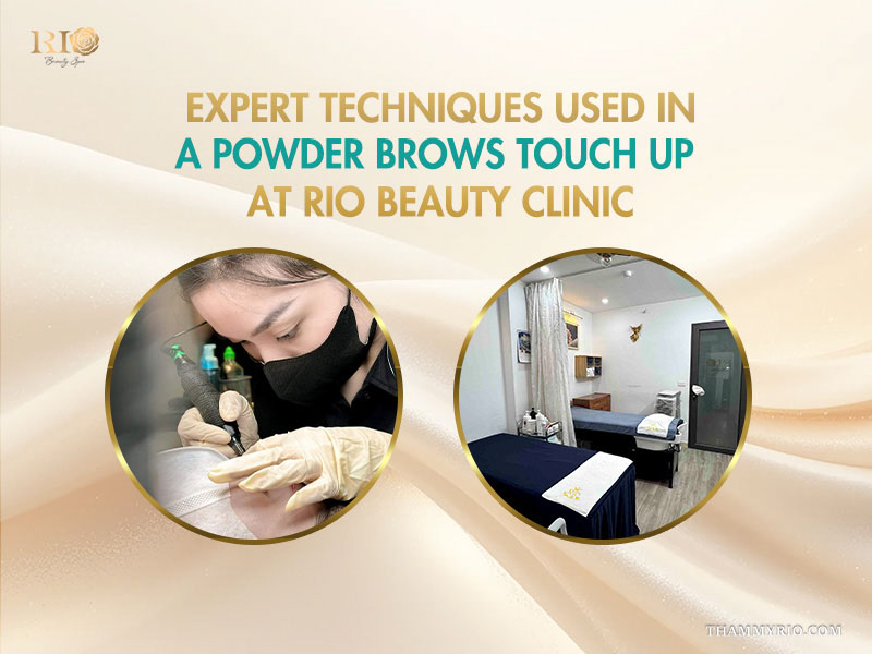 A professional technician applying expert techniques for a powder brows touch up at Rio Beauty Clinic.