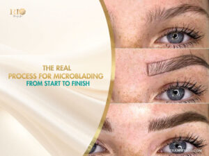 Real process for microblading from start to finish showing eyebrow mapping and final results.