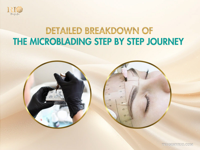 Professional tools and measurement in the process for microblading showing pigment mixing and eyebrow symmetry.