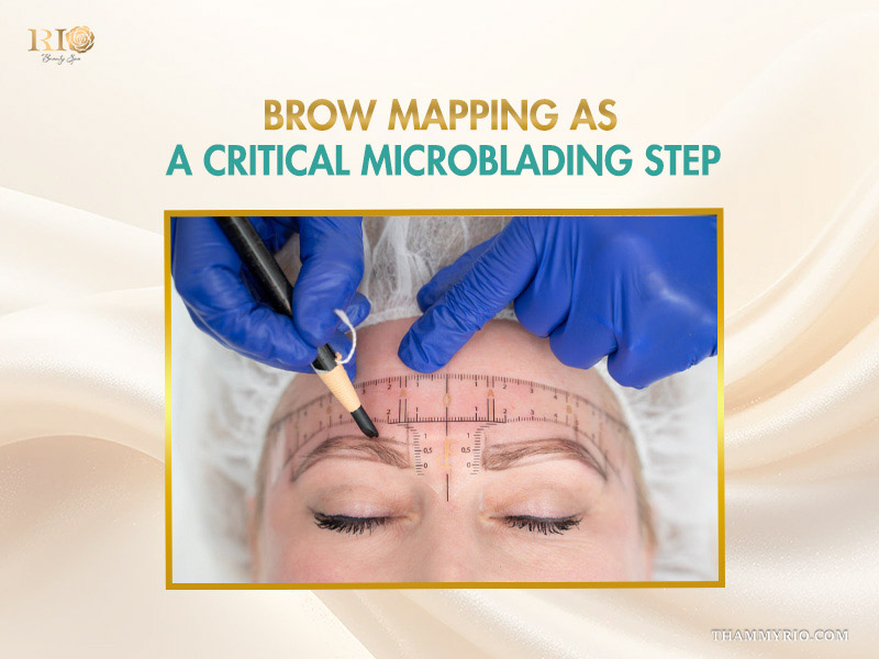 Professional brow mapping as a critical microblading step using a golden ratio ruler for perfect symmetry.
