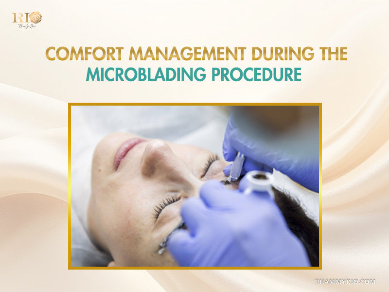 Professional technician performing a process for microblading with comfort management for a client.