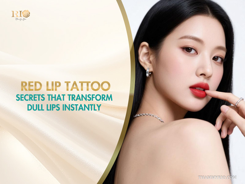 A woman with vibrant red lip tattoo showing a before and after transformation of dull lips.