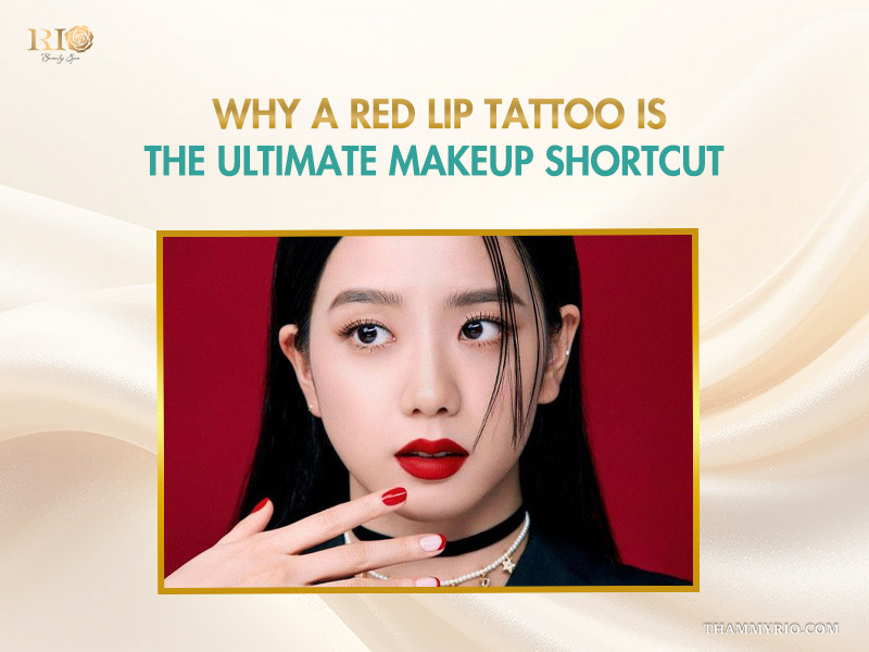 A beautiful model with a bold red lip tattoo acting as a perfect makeup shortcut.
