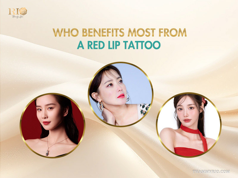 Three diverse models showcasing beautiful results of a red lip tattoo for different face shapes.