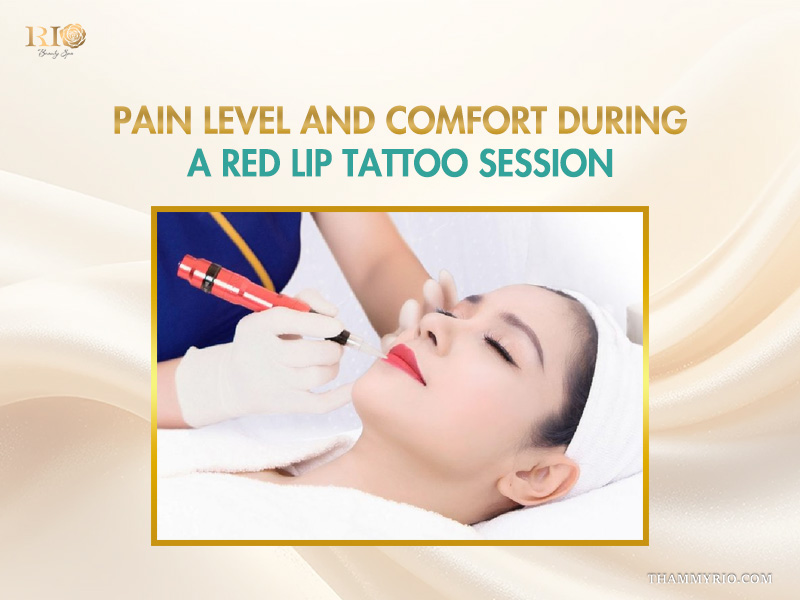 A professional performing a procedure to show the comfort during a red lip tattoo session.