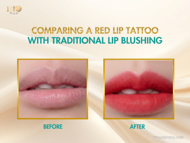 Comparison between a bold red lip tattoo and traditional lip blushing results.
