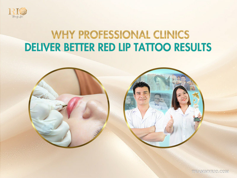 Professional technicians performing a red lip tattoo at a high-quality clinic.