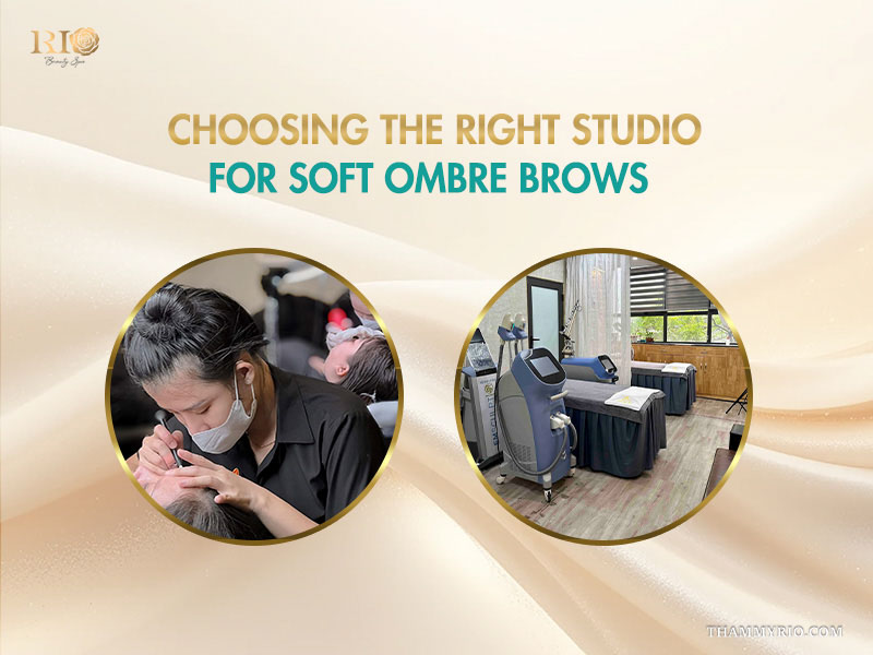 Professional studio environment and technician performing soft ombre brows at Rio beauty spa.
