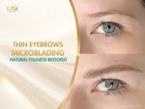 Natural hair-like strokes from thin eyebrows microblading before and after transformation.