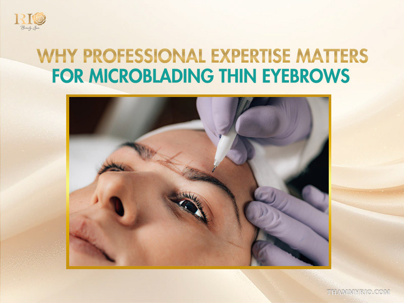 Expert technician performing thin eyebrows microblading with professional precision.