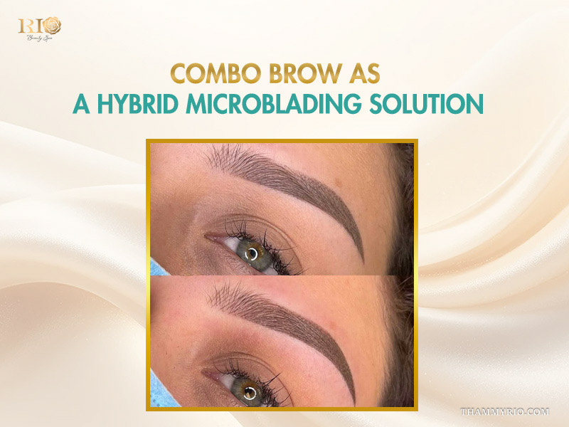 Close up of combo brows as a hybrid microblading solution combining hair strokes and shading.