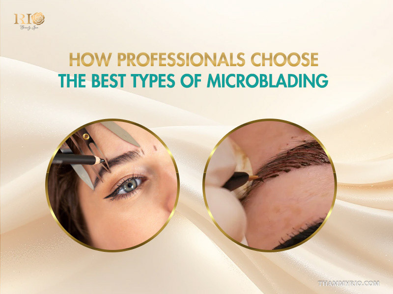 Professional brow technician measuring and performing different types of microblading for a client.