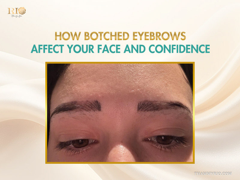 Comparison between a botched eyebrow with thick hair strokes and a professional, natural-looking eyebrow.