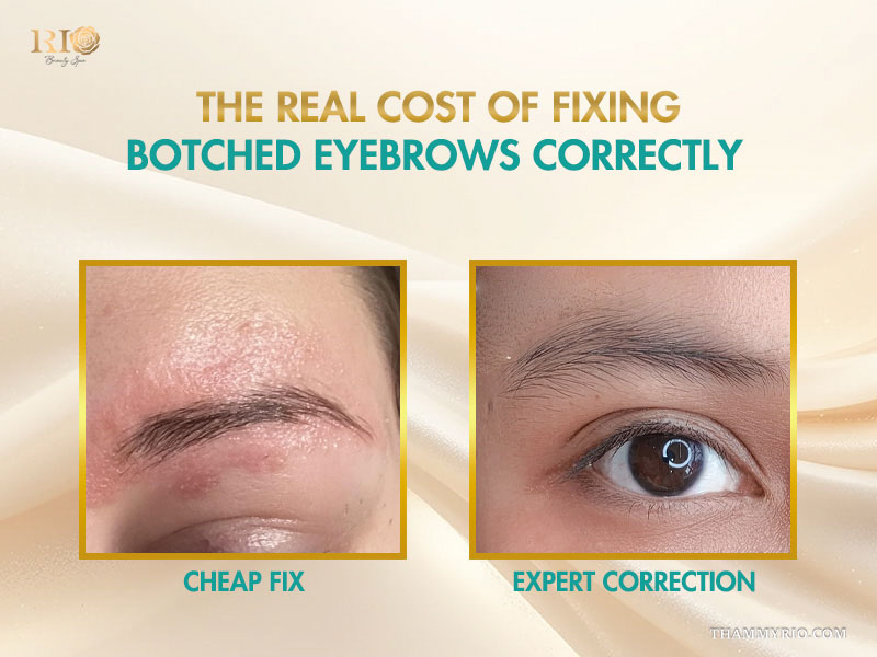 Side-by-side of "Cheap Fix" resulting in skin redness vs "Expert Correction" for natural eyebrows.