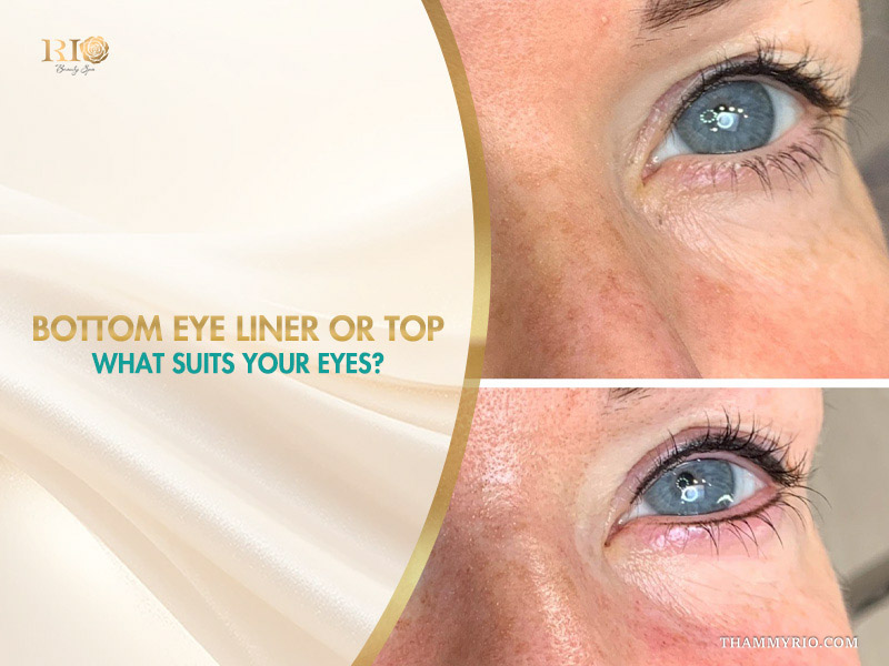 Comparison of top eyeliner and bottom eye liner on blue eyes.