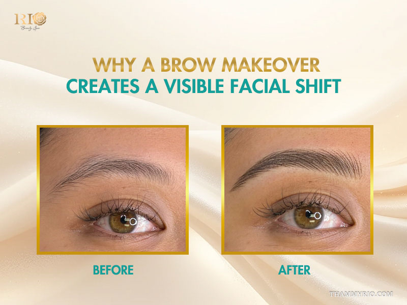 Before and after comparison of a professional brow makeover showcasing enhanced shape and density.