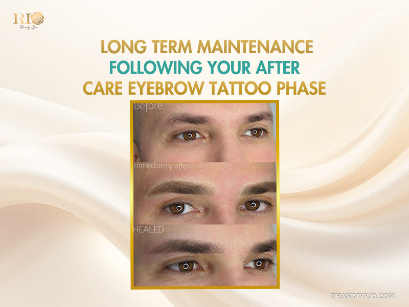 A three-step comparison of male eyebrow tattooing including before, immediately after, and healed results for long term maintenance and care for tattoo eyebrows.
